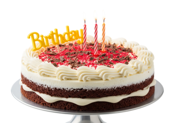 Delicious layered chocolate cake with white frosting and red sprinkles topped with golden birthday candles isolated on transparent background