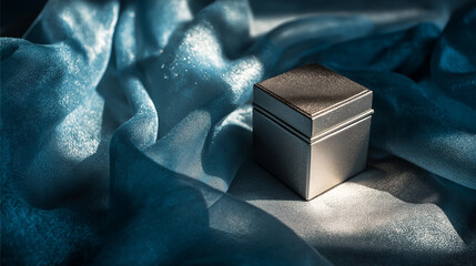 A silver box and tube rest on blue fabric with sunlight reflections, symbolizing elegance, luxury, minimalism, and refined modern design.