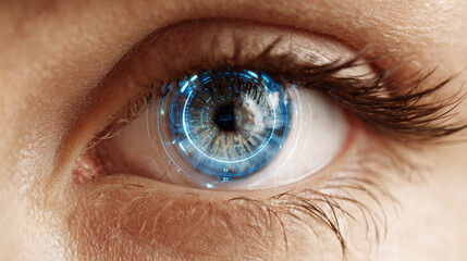 Close-up of a female eye with a futuristic blue digital circle on the iris.