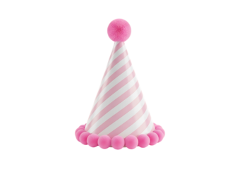 A festive pink and white striped party hat with a fluffy pom pom on top isolated on transparent background