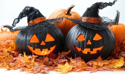 Halloween pumpkins with witch hats on a bed of autumn leaves