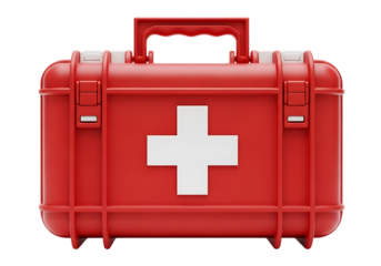 Red first aid kit with white cross symbol isolated on transparent background