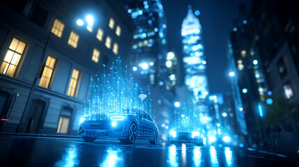 Futuristic cityscape at night with self-driving cars emitting digital light trails