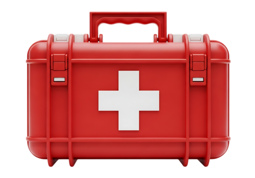 Red first aid kit with white cross symbol isolated on transparent background