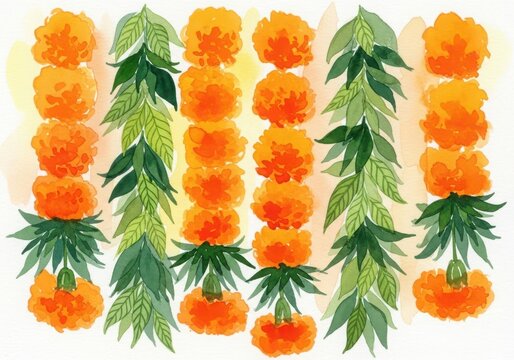 A vibrant watercolor painting of marigold flower garlands and green leaves, traditionally used for decoration