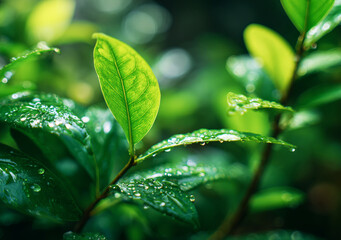 Green leaf with water drops. Leaves wallpaper 