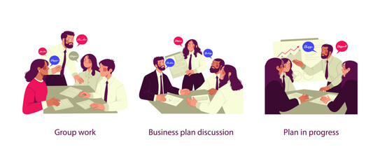 Three vector illustrations showing professionals engaged in group work, business plan discussions, and presenting strategies in progress.