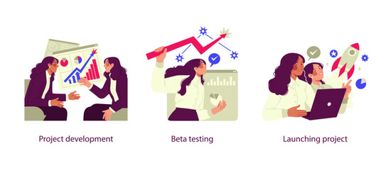 Vector illustrations representing different stages of business growth: project development with charts, beta testing with progress indicators, and launching a project with a rocket symbolizing success
