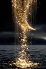 Fantasy Surreal Glowing Moon Golden Light Mystical Crescent Above Ocean with Sparkling Energy Falling into Dreamlike Night Seascape Background
