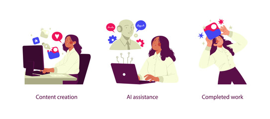 Vector illustrations showing a person creating digital content, receiving AI assistance, and celebrating completed work with icons and technology.