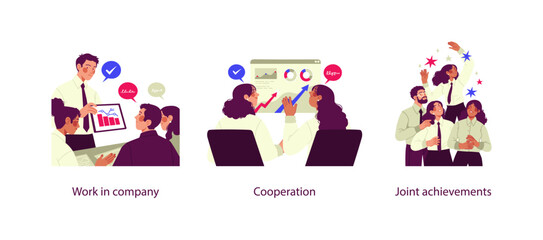 Vector illustrations of corporate teamwork: employees working in company, cooperating on data analysis, and celebrating joint achievements with success.