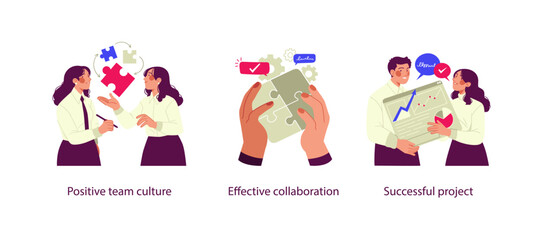 Vector illustrations representing teamwork and productivity: two colleagues building a positive team culture, hands assembling puzzle pieces for effective collaboration, and coworkers celebrating a su