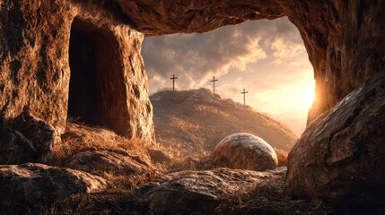 View from a cave with three crosses on a hill during sunset scene