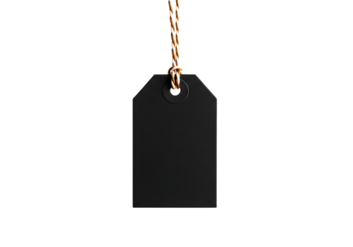 A blank black rectangular tag with a rounded top hanging by a thin golden string isolated on transparent background - Powered by Adobe
