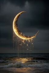 Fantasy Surreal Glowing Moon Golden Light Mystical Crescent Above Ocean with Sparkling Energy Falling into Dreamlike Night Seascape Background