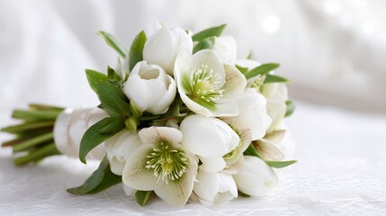 White Hellebore Bridal Bouquet on Lace Fabric for Wedding Invitations, Spring Celebrations, or Elegant Floral-Themed Designs