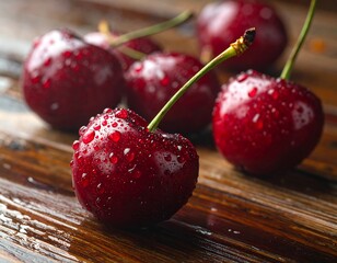 Juicy red cherries glistening with water droplets on a wooden surface