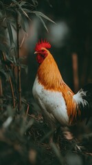 A rooster, with vibrant reddish-orange plumage and a striking red comb, stands amidst dark green foliage.