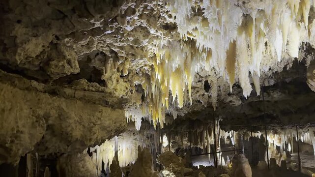 Close-up of helictites and eccentric speleothems in Grand Roc cave near Les Eyzies, Dordogne, France. Check my portfolio for more cave formation footage.