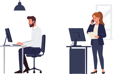 Modern office teamwork, professional business environment, man working on computer, woman talking on phone, corporate communication, workplace productivity, technology, collaboration