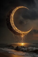 Fantasy Surreal Glowing Moon Golden Light Mystical Crescent Above Ocean with Sparkling Energy Falling into Dreamlike Night Seascape Background