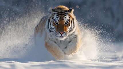 A large tiger runs through the winter snow.
