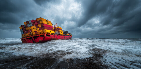 Sinking cargo ship with containers in the ocean.