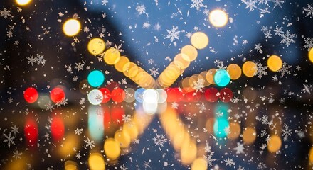 Abstract winter scene with blurred lights and falling snowflakes, creating a magical and festive atmosphere in a city during the holiday season