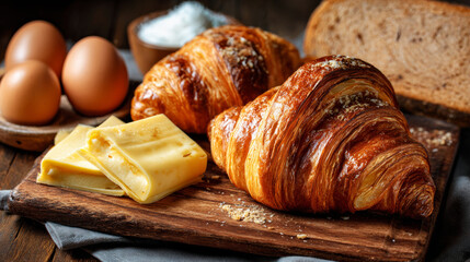 Tasty fresh baked croissants and bread on a wooden table.