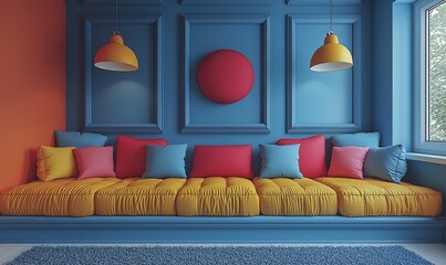 Vibrant colorful interior design with a cozy seating area
