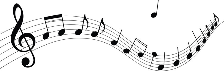 Musical staff with treble clef and flowing notes, abstract melody design, rhythm wave, music concept, artistic composition background