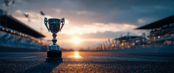Trophy cup on the asphalt race track with a blurred background of a sunset sky. 