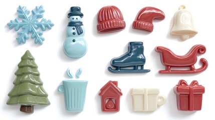 Merry Christmas and Happy New Year. Set of Christmas icons. Christmas decoration isolated on a white background. Top view. Flat lay.