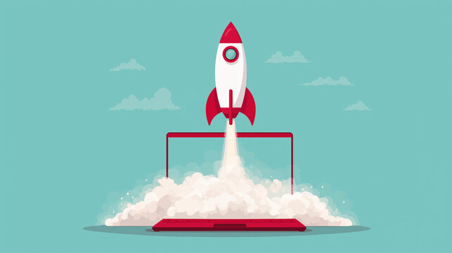 A cartoon rocket launching from a laptop, symbolizing innovation, digital creativity, and the powerful takeoff of ideas in a modern tech concept on cartoon sky background 