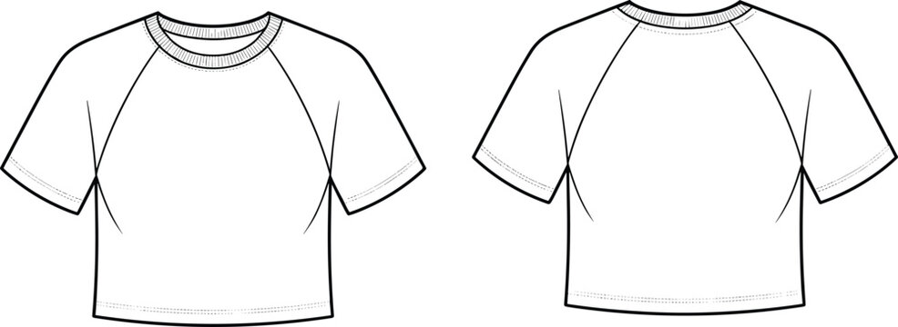 Fashion technical sketch of women's cropped t-shirt front and back view, vector clothing illustration for design and pattern making