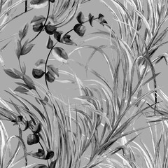 Seamless watercolor black and white pattern with graceful leaves and stems for textile