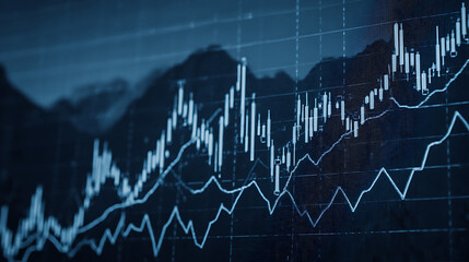 Financial chart with candlestick and line graph overlay on mountainous background
