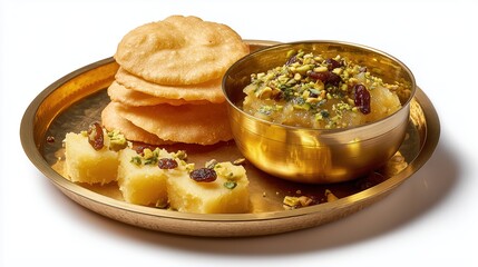 Navratri halwa poori and barfi prasad in brass thali