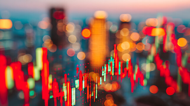 Stock market candlestick chart overlay on city skyline at dusk