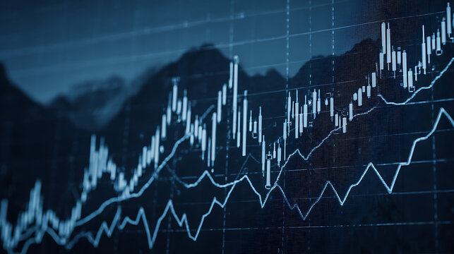 Financial chart with candlestick and line graph overlay on mountainous background