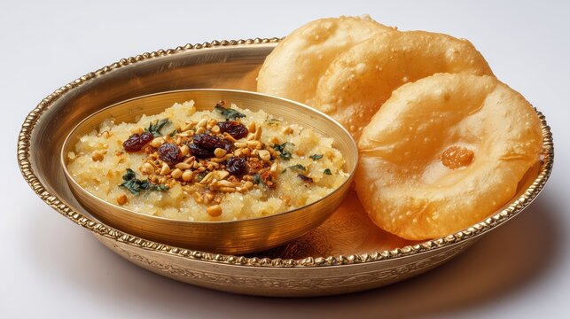 Navratri halwa and poori prasad served in brass thali
