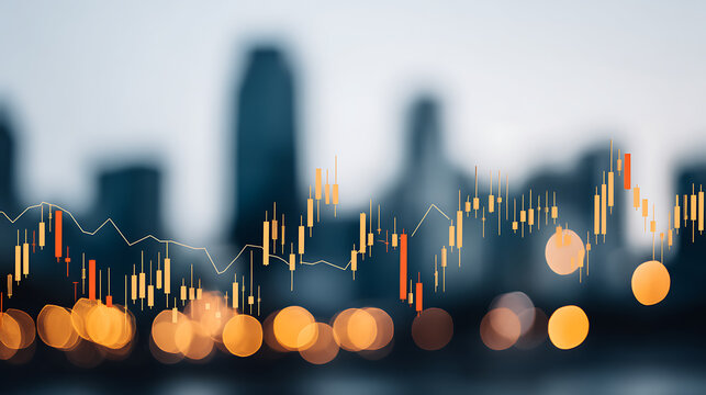 Financial candlestick chart overlay on city skyline at dusk with bokeh lights
