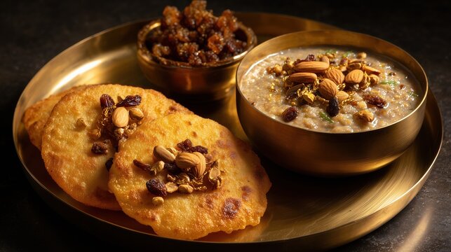 Navratri prasad thali with halwa, poori and chane