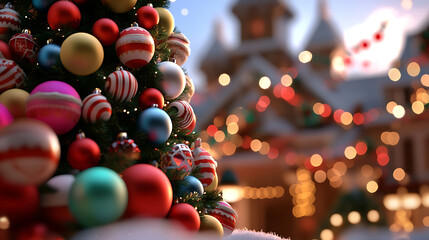 Festive Christmas Tree with Colorful Ornaments, snow, and holiday lights create a magical ambiance. A holiday scene to capture the joy and warmth of the season.