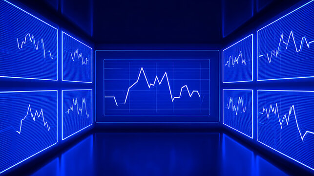 Digital room with glowing blue data graphs on multiple screens, displaying fluctuating line charts in a futuristic interface.