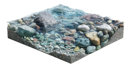 PNG of A serene underwater scene showcasing smooth, colorful pebbles beneath clear blue water, creating a tranquil atmosphere.