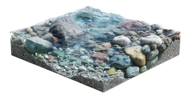 PNG of A serene underwater scene showcasing smooth, colorful pebbles beneath clear blue water, creating a tranquil atmosphere.