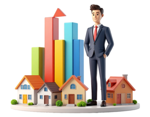 Real estate agent with miniature houses and rising bar chart showing housing market growth and property investment success