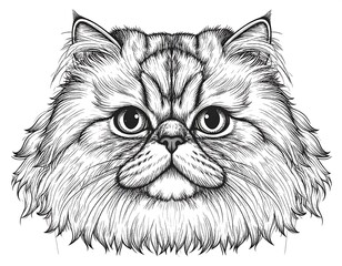 Detailed black and white drawing of a Persian cat's head