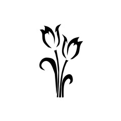 Black silhouette illustration of three blooming tulip flowers with curved stems and leaves, designed in a modern and minimalist decorative style.